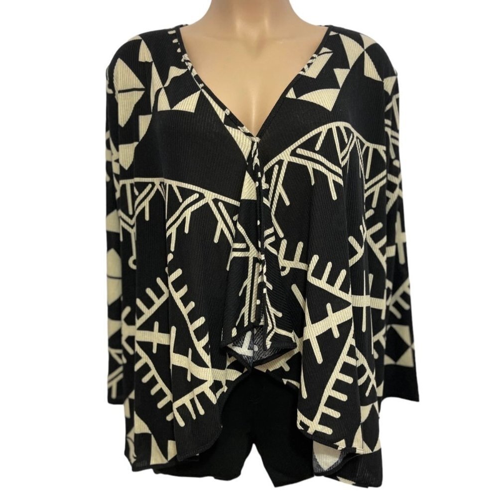 NANETTE LuLaRoe Cardigan Cover‎ Up 3XL NWT Black Tan Ribbed Aztec Print Stretchy